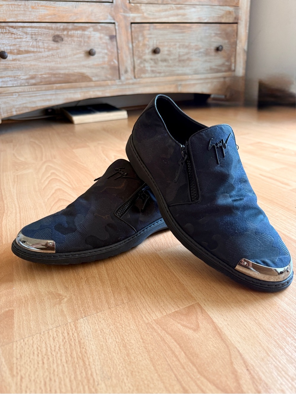 Giuseppe Zanotti Black Camouflage Slip-On Sneakers with Metal Toe Caps